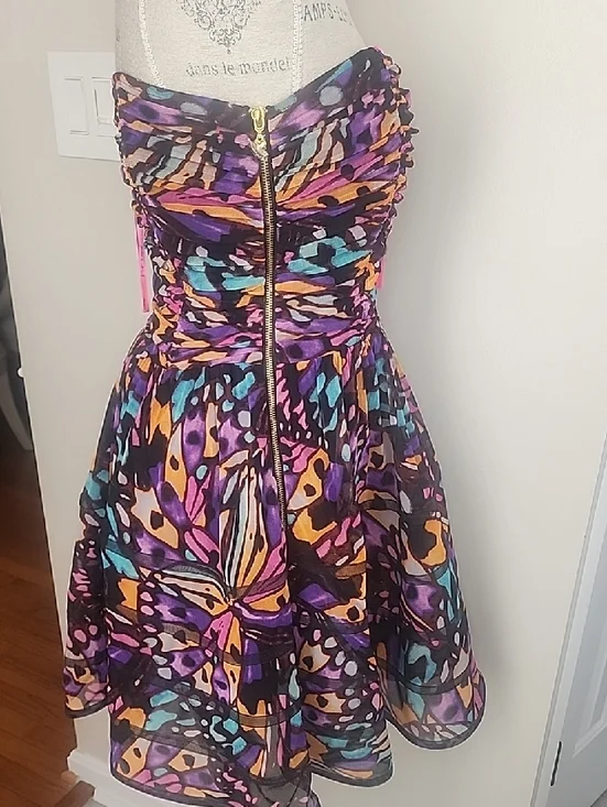 BETSEY JOHNSON NWT RUCHED BUSTIER FIT FLARE SHEER LINED PRINT DRESS SZ 10 - Picture 9 of 16